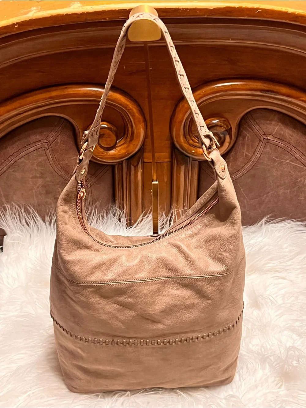 HOBO Taupe Braided-Handle soaf Leather Hobo Shoulder Bag